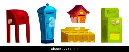 Colorful letterbox and post collection of different designs - red stand mailbox, tall blue and green receptacle, yellow apartment slots, orange wall containers. Mail delivery equipment set. Stock Vector