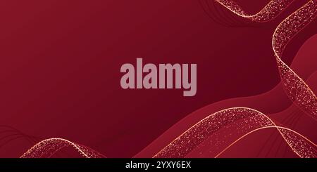 Luxury red background with golden glitter waves - elegant maroon backdrop decorated by shimmering curved lines and sparkles. Premium award ceremony design for exclusive presentation banners. Stock Vector