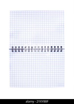 Open spirale book on white background, horizontal view. Paper notebook witch texture checkered sheet Stock Photo
