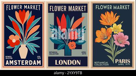 Set of abstract Flower Market art posters. Stock Vector