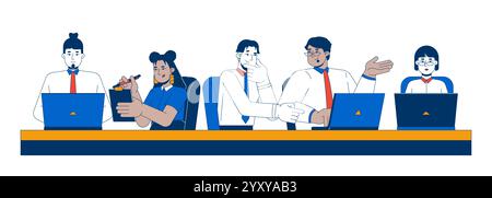Row of diverse employees brainstorming together at desk 2D cartoon characters Stock Vector