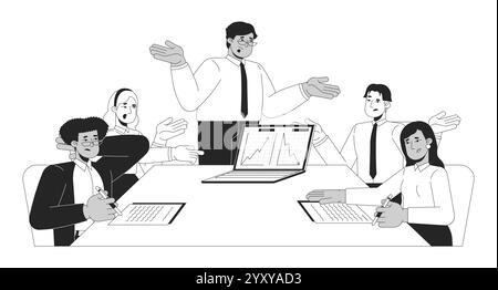 Diverse coworkers discussing downward upward graph laptop black and white 2D line characters Stock Vector