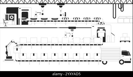 Smart factory black and white line illustration. Automated robotic systems Stock Vector