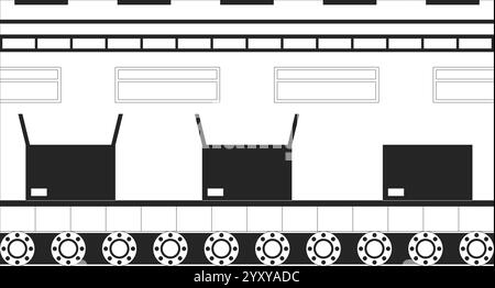 Conveyor belt boxes packing automation black and white line illustration Stock Vector