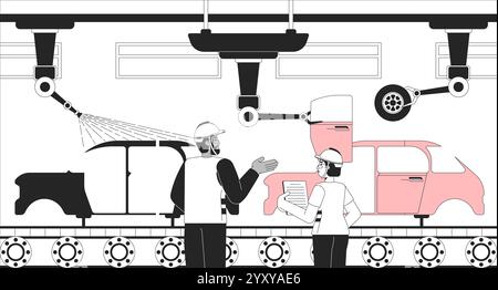 Manufacturing automobile industry black and white line illustration Stock Vector