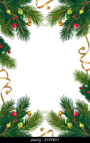 Green fir branches frame on a white background with copy space. Flat ...