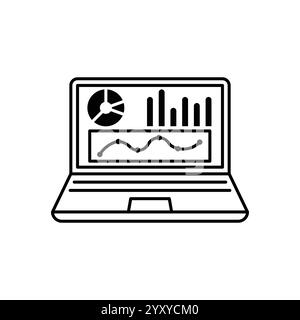 Black single data analysis on monitor line icon, simple financial dashboard admin flat design vector pictogram infographic interface elements for app Stock Vector