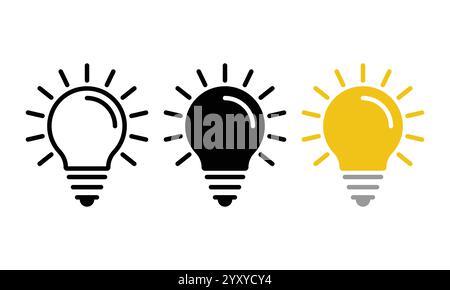 Light bulb with rays shine icon set. Idea symbol. Electric lamp, light, innovation, solution, creative thinking, electricity. Outline, flat, and color Stock Vector