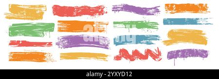 Vector set of colored brush strokes, ink bold lines. Dirty grunge design elements, rough paintbrush smears, scribbles on white background. Freehand spray paint underline stripes with drips, splatters Stock Vector