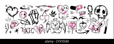 Spray paint graffiti y2k gothic tattoo element set. Street art heart, bear with wings, smile face emoji, inky skull, open mouth with tongue. Urban grunge rock stickers with splatters, neo tribal icons Stock Vector