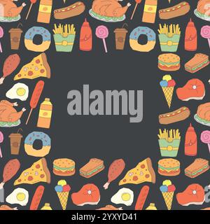Fast food frame. Doodle fast food background Stock Vector