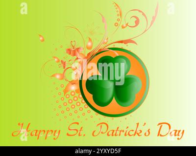 Green and orange design with a green shamrock and three hearts. The background is green and the text is orange. Shamrock Saint Patrick Day Rainbow Stock Vector