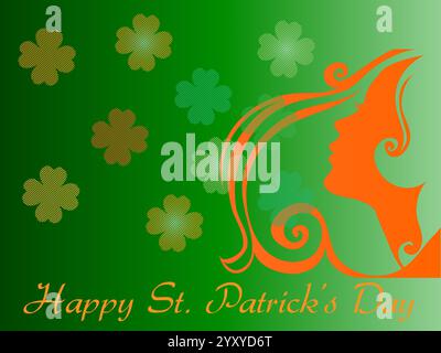 Woman  face is drawn on a green background with a bunch of green flowers. The woman  face is smiling. Shamrock Saint Patrick Day Rainbow St Paddy Luck Stock Vector