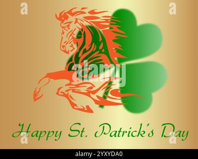 Horse with a green shamrock on its head. The horse is on a gold background. Shamrock Saint Patrick Day Rainbow St Paddy Luck of the Irish Stock Vector