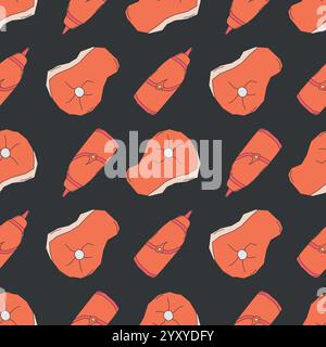 seamless steak pattern. meat background. Doodle illustration with meat products icons Stock Vector