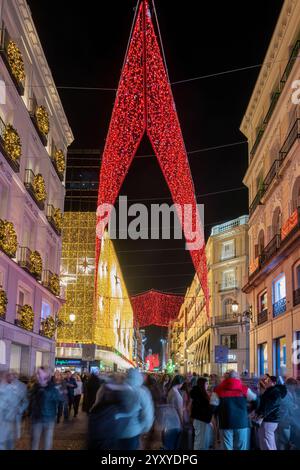 Street adorned with Christmas lights, Madrid, Spain Stock Photo