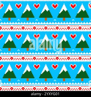 Christmas pattern with pine trees covered in snow and hearts, winter vector seamless pattern Stock Vector