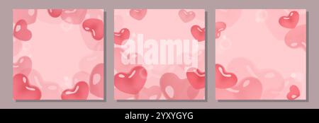 Heart shape bubbles 3d romantic wedding backgrounds vector designs set with copy space Stock Vector
