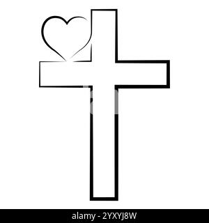 Christian Cross and Heart One Line Drawing with Editable Stroke Stock ...