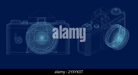 Photo camera wireframe set. Front, isometric view. Vector illustration Stock Vector