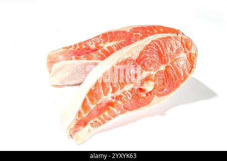 Two raw big salmon trout steaks, slice of fresh raw fish ready for cooking isolated on white background Stock Photo