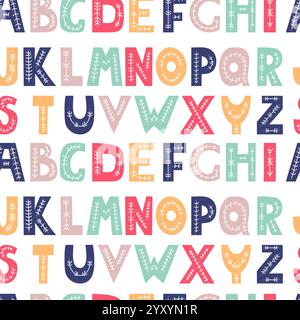 Seamless pattern alphabet. Decorative multi-colored bright letters with folk pattern on white background. Vector illustration. Hand drawing lettering Stock Vector