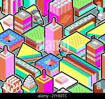 Fast food isometric pattern seamless. Slice of pizza and a donut. Soda and a burger. French fries and popcorn. Fastfood background Stock Vector
