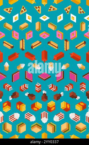 Fast food isometric pattern seamless. Slice of pizza and a donut. Soda and a burger. French fries and popcorn. Fastfood background Stock Vector