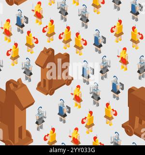 Trojan Horse pattern seamless. Trojan War background. Wars of Ancient Greece texture. Trojans and Danaans soldiers ornament Stock Vector