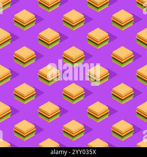 Hamburger isometric pattern seamless. Burger Fast food background Stock Vector