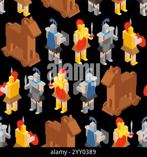 Trojan Horse pattern seamless. Trojan War background. Wars of Ancient Greece texture. Trojans and Danaans soldiers ornament Stock Vector