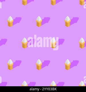 Ice cream cone isometric pattern seamless. Cold dessert sweetness background Stock Vector
