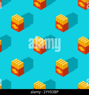 French fries isometric pattern seamless. Fast food background Stock Vector