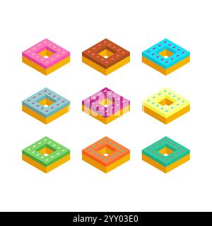 Donut isometric set illustration. Sweetness Fast food isolated Stock Vector