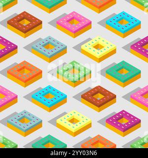 Donut isometric pattern seamless. Sweetness Fast food background Stock Vector