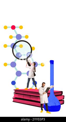 Female scientist using magnifying glass to examine abstract molecular structure. Man analyzing documents near large lab flask. Contemporary art Stock Photo