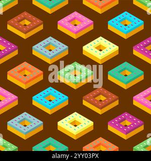 Donut isometric pattern seamless. Sweetness Fast food background Stock Vector