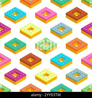 Donut isometric pattern seamless. Sweetness Fast food background Stock Vector