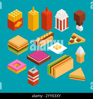 Fast food set isometric. Slice of pizza and a donut. Soda and a burger. French fries and popcorn. Fastfood icon set Stock Vector