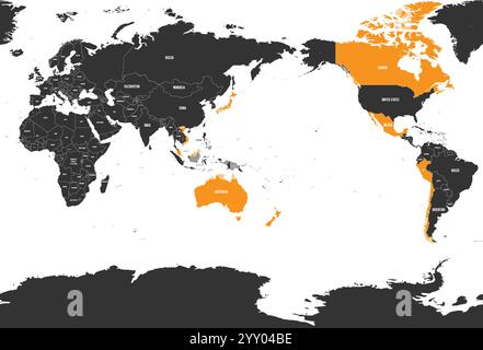 Map of Comprehensive and Progressive Agreement for Trans-Pacific Partnership, CPTPP or TPP11. Yellow highlighted member states. Vector illustration. Stock Vector