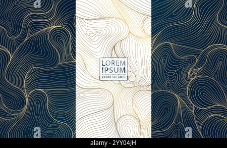 Vector set of abstract wave golden line patterns, art deco fancy art posters, japanese luxury design graphic. Wine package, wedding invitation. Stock Vector