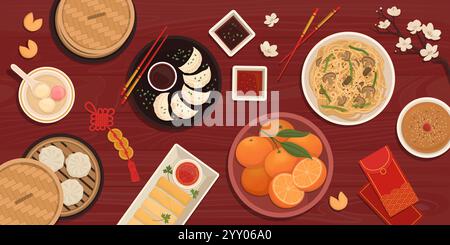 Chinese New Year celebration with traditional food and decorations on the table at home, top view Stock Vector