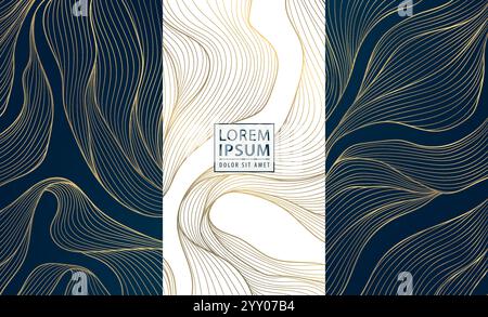 Vector set of abstract wave golden line patterns, art deco fancy art posters, japanese luxury design graphic. Wine package, wedding invitation. Stock Vector