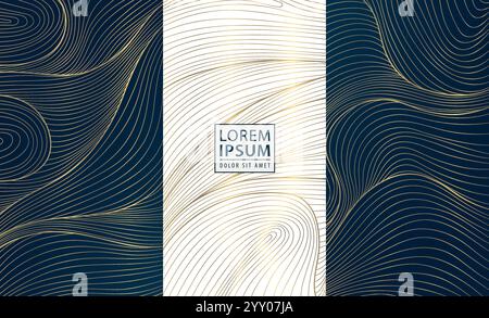 Vector set of abstract wave golden line patterns, art deco fancy art posters, japanese luxury design graphic. Wine package, wedding invitation. Stock Vector