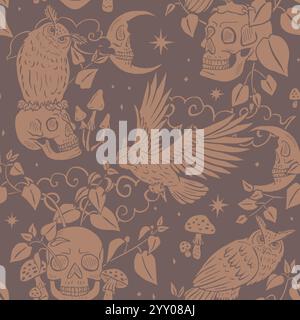 Seamless pattern with hand drawn inky eagle owls sitting on human skulls Stock Vector