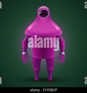 Undersea Robotic Technology. Underwater Robot Isolated Icon. Tough Pink Bot Mascot Character Illustration on Dark Backdrop Stock Vector
