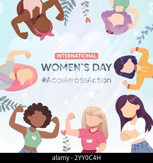 Simple postcard, banner, poster girls show biceps, accelerate action, womens international day, diversity Stock Vector