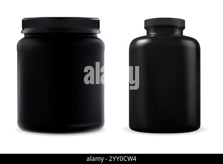Black plastic sport supplement bottle set. Medical pill jar vector mockup. Whey protein sport nutrition packaging mock up. Vitamin capsule box templat Stock Vector
