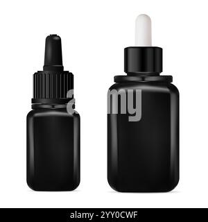 Black glass cosmetic serum dropper bottle set. Pipette jar vector mockup. Essential oil drop vial. Collagen essence eyedropper bottle, realistic templ Stock Vector