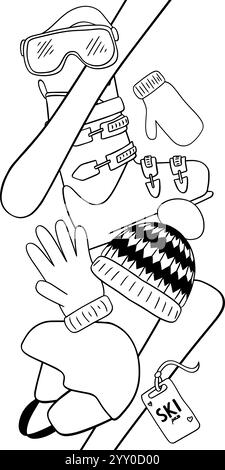 Background pattern seamless border with ski equipment. Skis, boots, sunglasses, hat, gloves, mitten in graphic line style. Vector Vertical seamless st Stock Vector